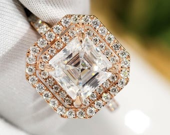 Double Halo Ring, 2 CT Asscher Cut Moissanite Diamond Engagement Ring, 14K Solid Gold Luxury Anniversary Ring, Unique Wedding Ring For Her