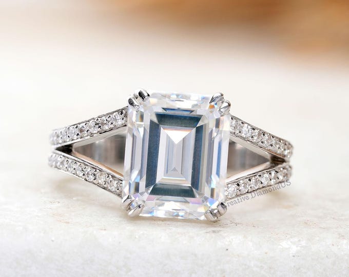 Emerald Cut Moissanite Split Shank Engagement Ring, 14K Solid White Gold Double Claw Prong Setting Wedding Ring, Handmade Anniversary Ring