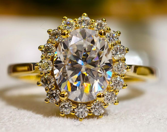 Oval Cut Cluster Halo Engagement Ring, Moissanite Diamond Starburst Halo Wedding Ring, 14K Solid Yellow Gold Custom Birthday Gift