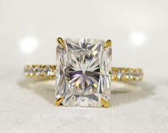 Radiant Cut Moissanite Engagement Ring, Unique Hidden Halo Elegant Wedding Ring For Her, Claw Prong Dainty Pave Diamond Anniversary Jewelry