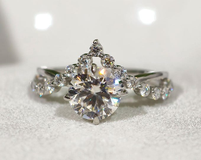 Colorless Round Cut Moissanite Engagement Ring, V Shape Split Shank Art Deco Chevron Wedding Ring, Geometric Style Cluster Gold Promise Ring