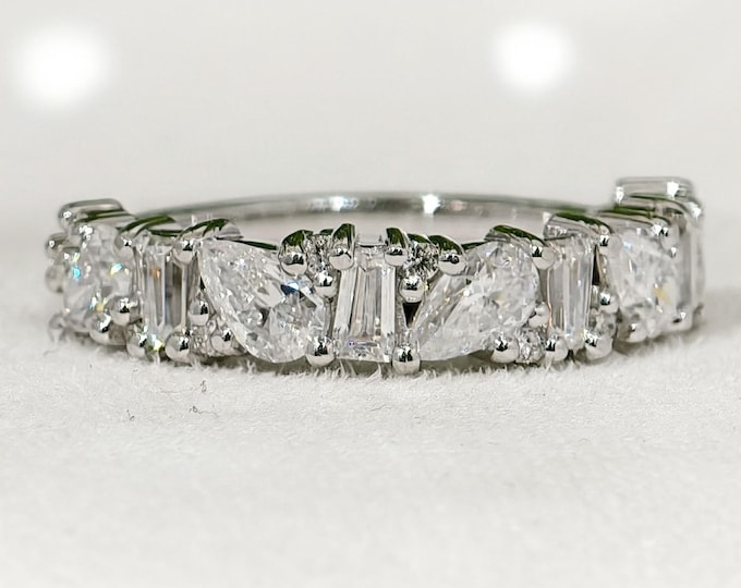 Pear Cut Moissanite Diamond Wedding Band, Unique Cluster Half Eternity Promise Band, Custom Anniversary Gift For Her