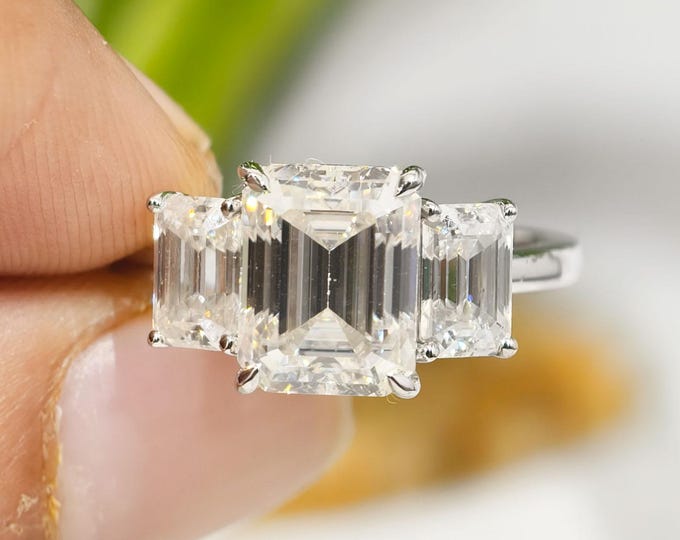 IGI Certified 2 Carat Emerald Cut Lab Grown Diamond Three Stone Engagement Ring