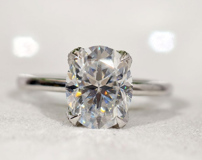 Oval Cut Moissanite Diamond Tulip Petal Prong Setting Engagement Ring, Solid Gold Hidden Halo Wedding Ring, Custom Proposal Handmade Ring