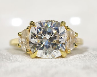 4 CT Cushion Cut Moissanite Three Stone Engagement Ring for Women Side Half Moon Diamond Wedding Ring Affordable Customized Anniversary Gift
