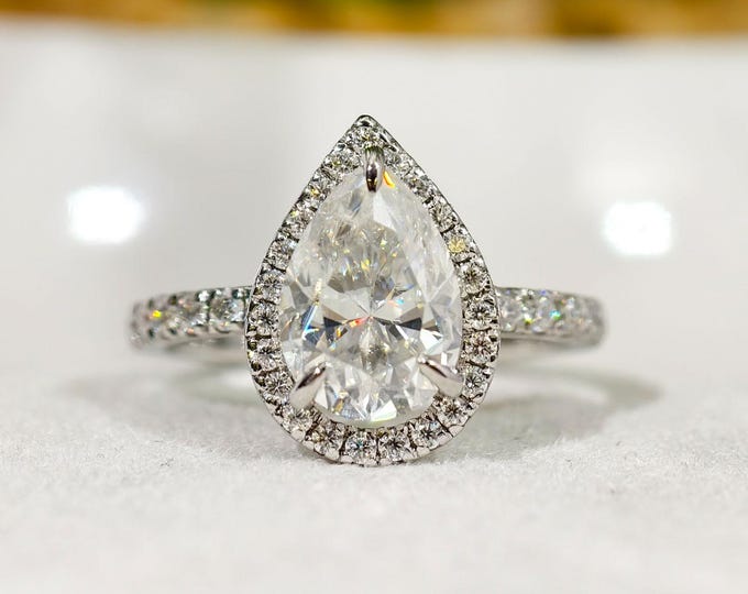 Modern Pear Cut Halo Moissanite Engagement Ring, White Gold Solitaire Halo Anniversary Ring For Women, Claw Prong Handmade Custom Jewelry