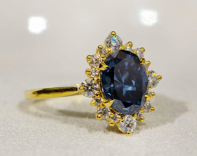 Blue Oval Cut Moissanite Unique Cluster Halo Engagement Rings, Four Claw Prong Set Wedding Ring, Affordable Women Ring For All Occasion