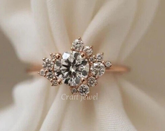 2 CT Round Lab Grown Diamond Ring, Cluster Engagement Ring, Lab Diamond Wedding Ring, Handmade Ring, Anniversary Gift, Diamond Ring for Her