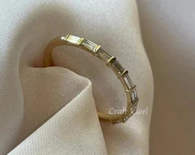 Baguette Cut Moissanite Wedding Ring, Moissanite Diamond Thin Wedding Band, Half Eternity Stacking Ring, Minimalist Matching Band For Gift