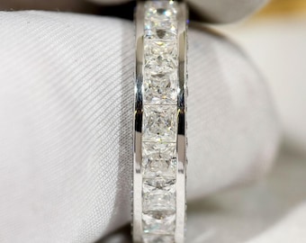Channel Set Princess Cut Moissanite Wedding Band, Solid White Gold Full Eternity Proposal Band, Three Side Pave Stackable Anniversary Band