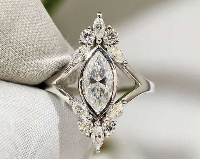Marquise Cut Moissanite Engagement Ring, Geometric Style Art Deco Cluster Wedding, Unique Bezel Set Split Shank Anniversary Gift For Her