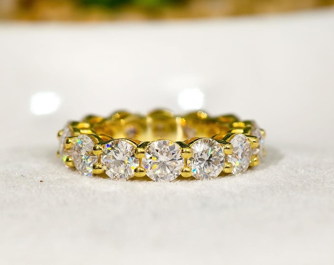 Round Brilliant Cut Moissanite Diamond Band, Dazzling Half Eternity Wedding Band, Shared Prong Set 14K Solid Gold Custom Anniversary Band