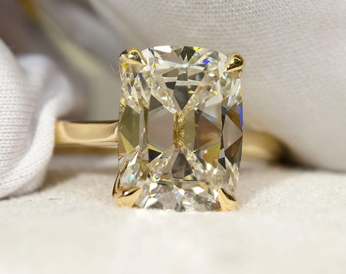 4 Ct Old Mine Elongated Cushion Cut Lab Grown Diamond Engagement Ring, Tulip Prong Setting Solid Gold Solitaire Wedding & Anniversary Gift
