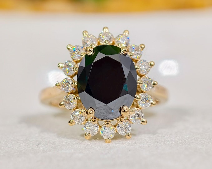 Oval Cut Black Moissanite Diamond Engagement Ring, Solid Gold Vintage Style Halo Statement Ring with Sparkling Accent Stones, Birthday Gift