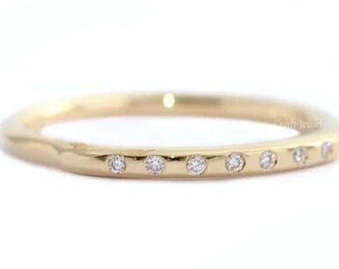 Diamond Wedding Band, 14K Gold Flush Round Diamond Stacking Ring Surface Setting Matching Band, Anniversary Gift, Half Eternity Wedding Band