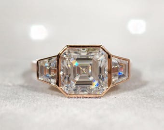 Asscher Cut Moissanite Three Stone Engagement Ring, Full Bezel Setting Anniversary Ring For Women, Celebrity Style Gold Anniversary Ring