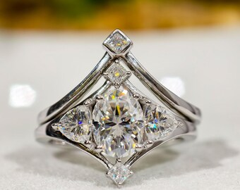 Splint Style Designer Shank Design Oval Cut Moissanite Bridal Ring Set, Sparkling Three Stone Ring With Curved Matching Wedding Band For Her