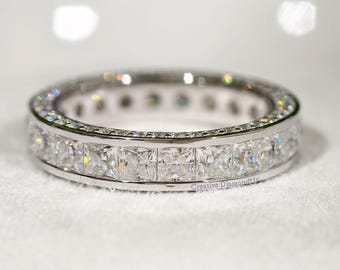 Princess Cut Moissanite Wedding Band, Channel Bezel Set Anniversary Band, Three Side Pave Promise Band, Eternity Stackable Band For Women