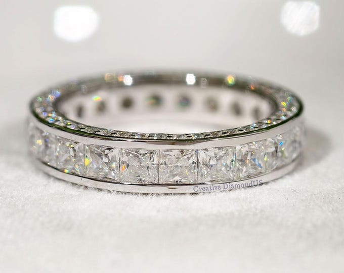 Princess Cut Moissanite Wedding Band, Channel Bezel Set Anniversary Band, Three Side Pave Promise Band, Eternity Stackable Band For Women