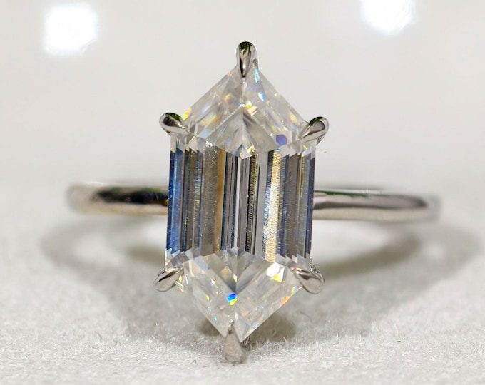 Antique Hexagon Cut Moissanite Solitaire Engagement Ring, 3.50 CT Step Dutch Marquise Cut Hidden Halo Wedding Ring, Modern Bridal Jewelry
