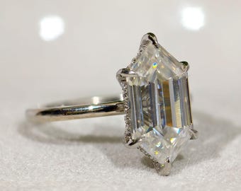 3.50 CT Hexagon Step Cut Moissanite Engagement Ring, Unique Hidden Halo Wedding Ring, Six Claw Prong Set Solitaire Diamond Anniversary Gift
