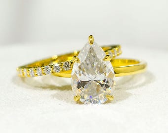 Conjunto de anillos de boda con diamantes cultivados en laboratorio, conjunto nupcial con halo oculto y talla pera de 3 quilates, conjunto de anillos de compromiso con alianza a juego de eternidad completa, joyería hecha a mano.