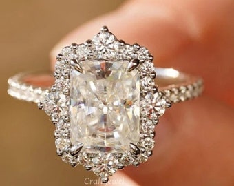 2.50 CT Radiant Cut Moissanite Engagement Ring, 14K White Gold Anniversary Ring, Halo Wedding Ring Gift For Her Ring For Woman, Promise Ring