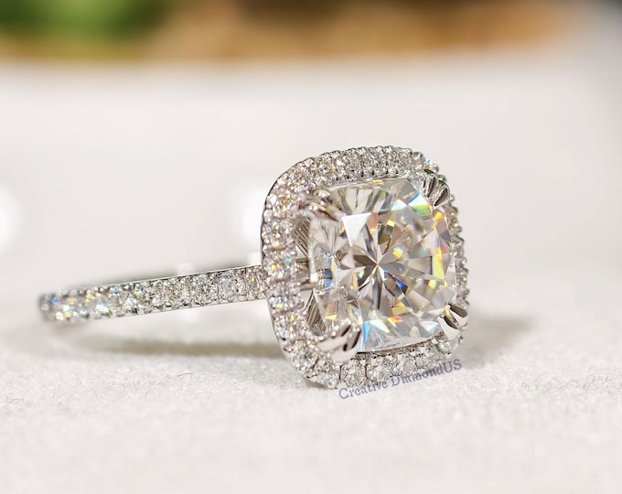 2 CT Cushion Cut Moissanite Diamond Engagement Ring, Unique Style Halo Wedding Ring In Solid Gold, Double Claw Prong Set Anniversary Gift