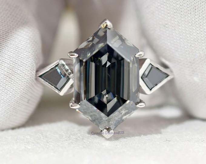 Hexagon Dutch Marquise Step Cut Grey Moissanite Engagement Ring, Three Stone Wedding Ring Side Kite Cut Ring, Luxurious Custom Birthday Gift