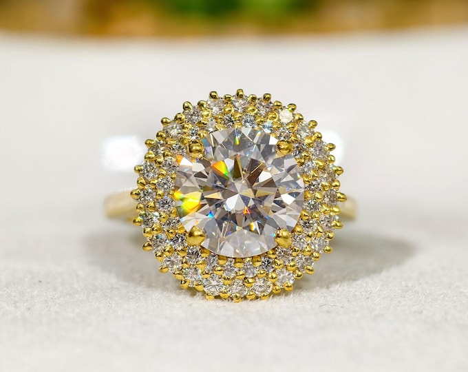3 CT Round Cut Moissanite Double Halo Engagement Ring, Cluster Diamond Art Deco Anniversary Ring For Wife, Affordable Ring In 10K Solid Gold