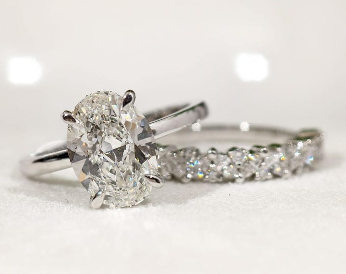 3 CT Oval Cut Moissanite Engagement Rings Set, Hidden Halo Wedding Ring Set, Eternity Marquise Cut Matching Band, Perfect For Bridal.