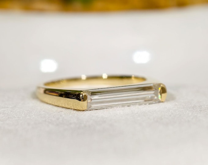 Colorless Moissanite Engagement Ring, Elongated Baguette Cut Diamond Solitaire Ring, East West Setting Wedding Ring