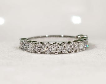 Marquise And Round Cut Moissanite Wedding Band, Cluster Diamond Half Eternity Promise Band, White Gold Luxurious Anniversary Band For Her