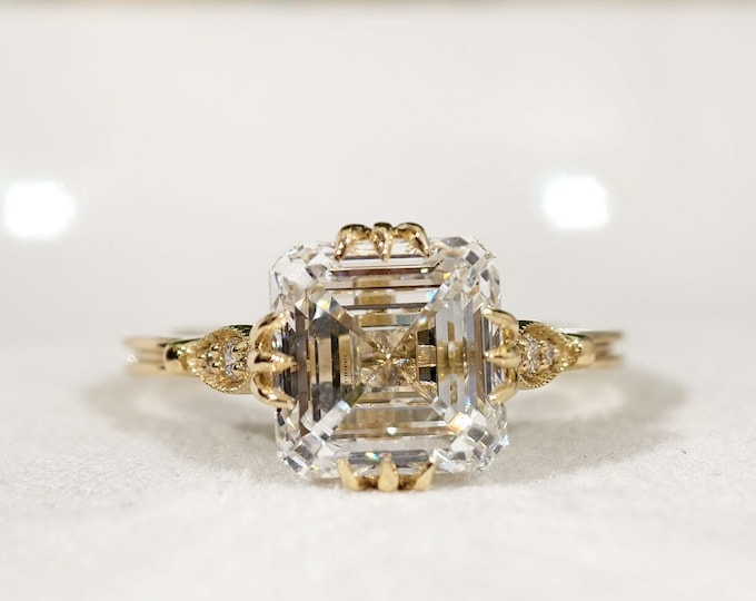Asscher Cut Lab Grown Diamond Engagement Ring Vintage Inspired Gold Anniversary Gift Unique Three Prong Set Ring Elegant Statement Jewelry