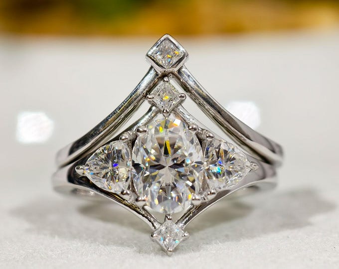 Oval Cut Moissanite Wedding Ring Set, Three Stone Engagement Ring With Sparkling Curved Matching Band, Designer Split Shank Bridal Ring Set