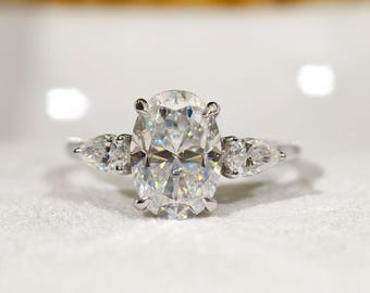 Oval Cut Moissanite Engagement Ring, Three Stone Wedding Ring, Side Pear Stones Trilogy Diamond Anniversary Gift, Timeless Bridal Jewelry