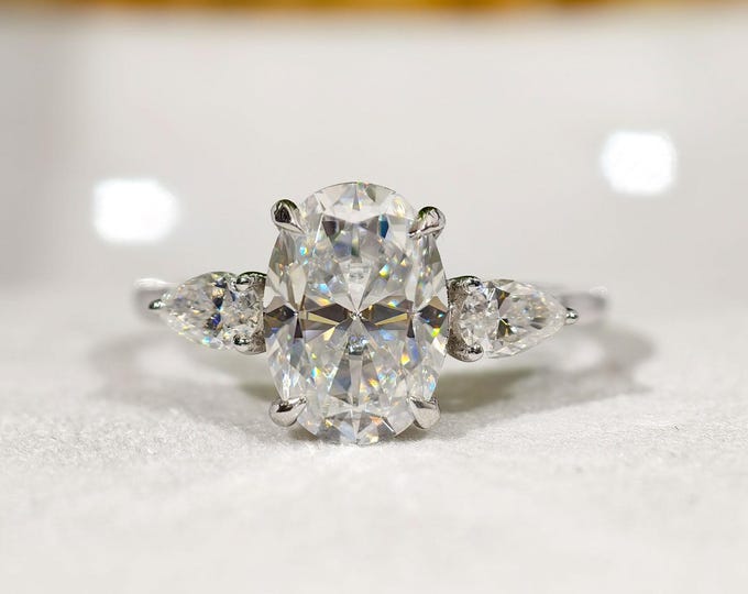 Oval Cut Moissanite Engagement Ring, Three Stone Wedding Ring, Side Pear Stones Trilogy Diamond Anniversary Gift, Timeless Bridal Jewelry