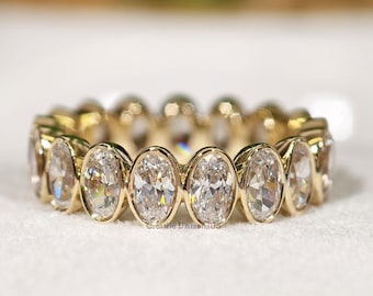 Oval Cut Bezel Setting Moissanite Wedding Band, Full Eternity Matching Promise Band, 14K Solid Gold Custom Anniversary Gift