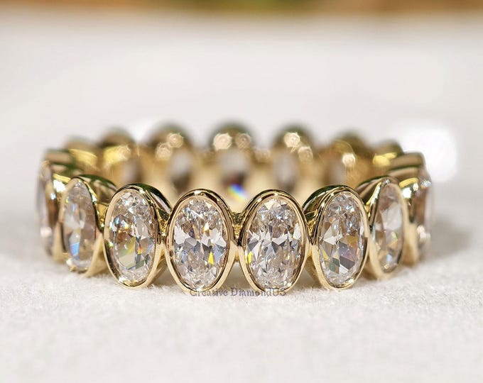 Oval Cut Bezel Setting Moissanite Wedding Band, Full Eternity Matching Promise Band, 14K Solid Gold Custom Anniversary Gift