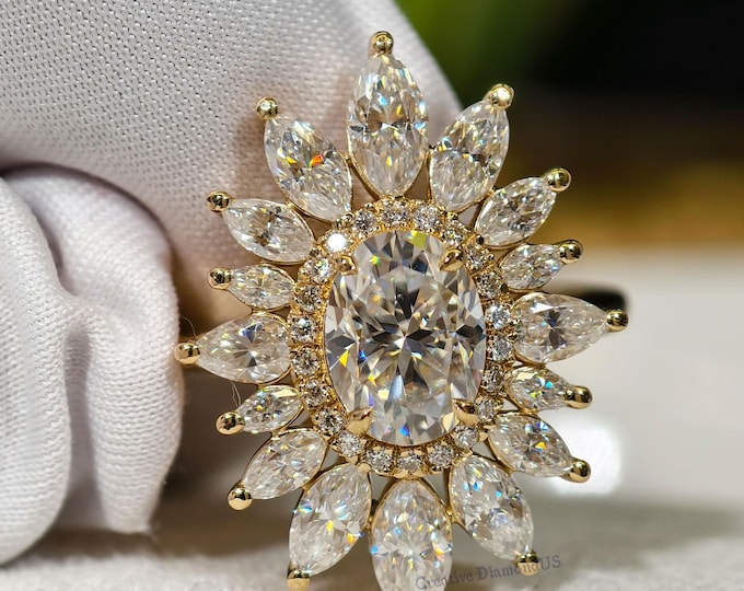 Oval Cut Moissanite Art Deco Ring, 18K Solid White Gold Double Halo Ring, Cluster Engagement Ring, Proposal Ring, Anniversary Gift For Her