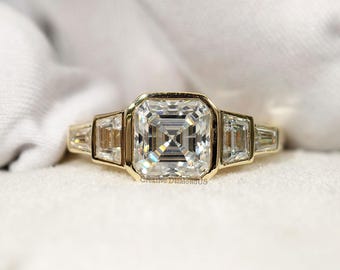 1.50 Carat Asscher Cut Moissanite Engagement Ring, Bezel Set Statement Ring, Five Stone Trapezoid Ring, Best Gift For Anniversary.