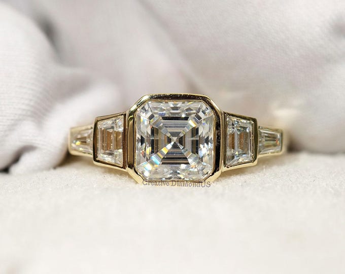 1.50 Carat Asscher Cut Moissanite Engagement Ring, Bezel Set Statement Ring, Five Stone Trapezoid Ring, Best Gift For Anniversary.