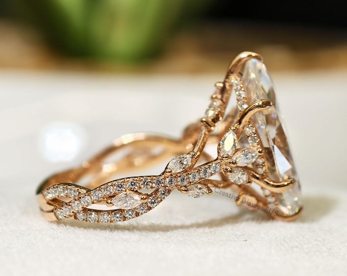 Marquise Cut Hidden Halo Moissanite Engagement Ring, Floral Leaf And Vine Wedding Ring, Vintage Style Nature Inspired Art Deco Promise Ring