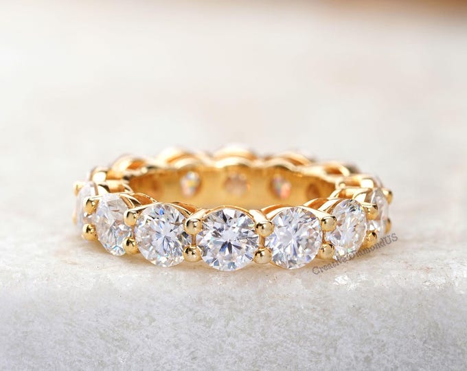 Round Brilliant Cut Moissanite Diamond Band, Dazzling Half Eternity Wedding Band, Shared Prong Set 14K Solid Gold Custom Anniversary Band