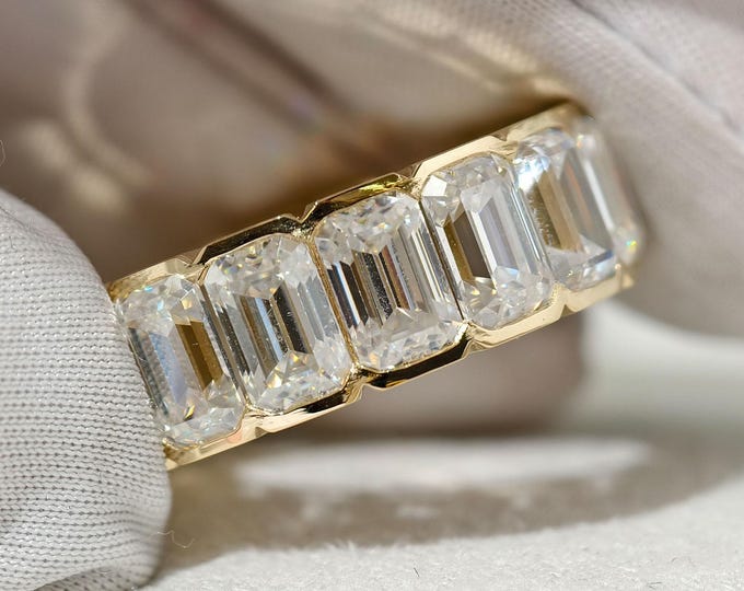 Emerald Cut Moissanite Wedding Band, Half Bezel Setting Stacking Anniversary Band, Delicate Full Eternity Matching Band For Engagement Ring