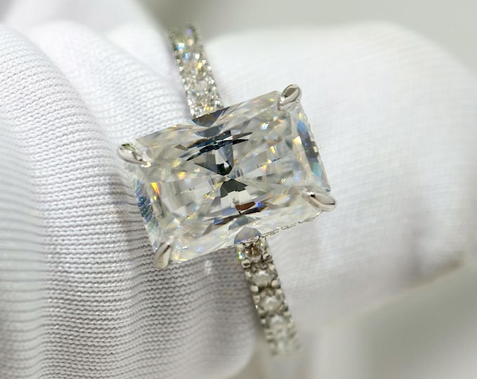 Radiant Cut Moissanite Hidden Halo Engagement Ring Delicate Invisible Halo Basket Set Wedding Ring Luxurious Anniversary Gift In Solid Gold