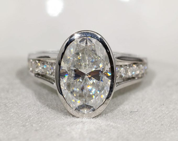Oval Cut Moissanite Diamond Engagement Ring, 14K Solid White Gold Bezel Set Split Shank Pave Bridge Setting Wedding Ring, Handmade Jewelry