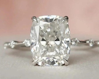 Elongated Cushion Cut Moissanite Diamond Ring, Hidden Halo Set Engagement Ring, Women's Daily Wear Ring, Diamond Distance Wedding Ring