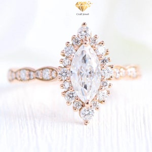 1.5 CT Marquise Cut Moissanite Cluster Halo Engagement Ring, Starburst Halo Ring, 14K Solid Gold Ring, Marquise Halo Wedding Rings for Women