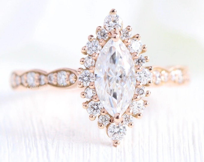 1.5 CT Marquise Cut Moissanite Cluster Halo Engagement Ring, Starburst Halo Ring, 14K Solid Gold Ring, Marquise Halo Wedding Rings for Women